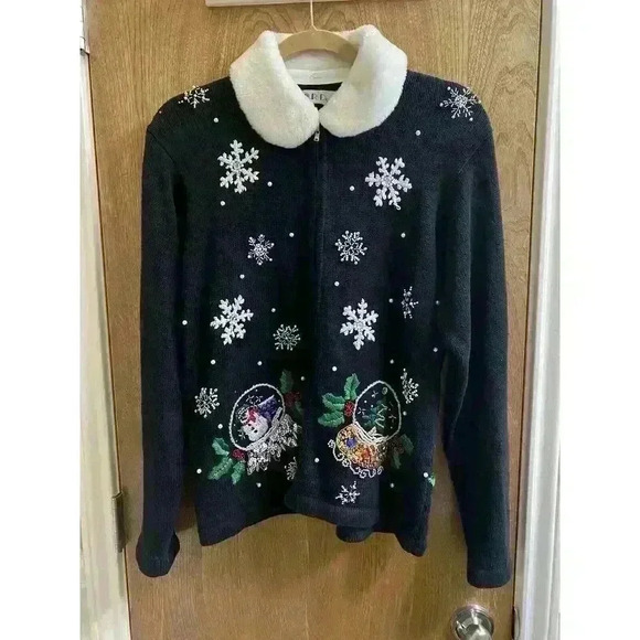 Vintage BP Design Black Beaded Christmas Snow Globe Full Zip Sweater Faux Fur M - Picture 1 of 12